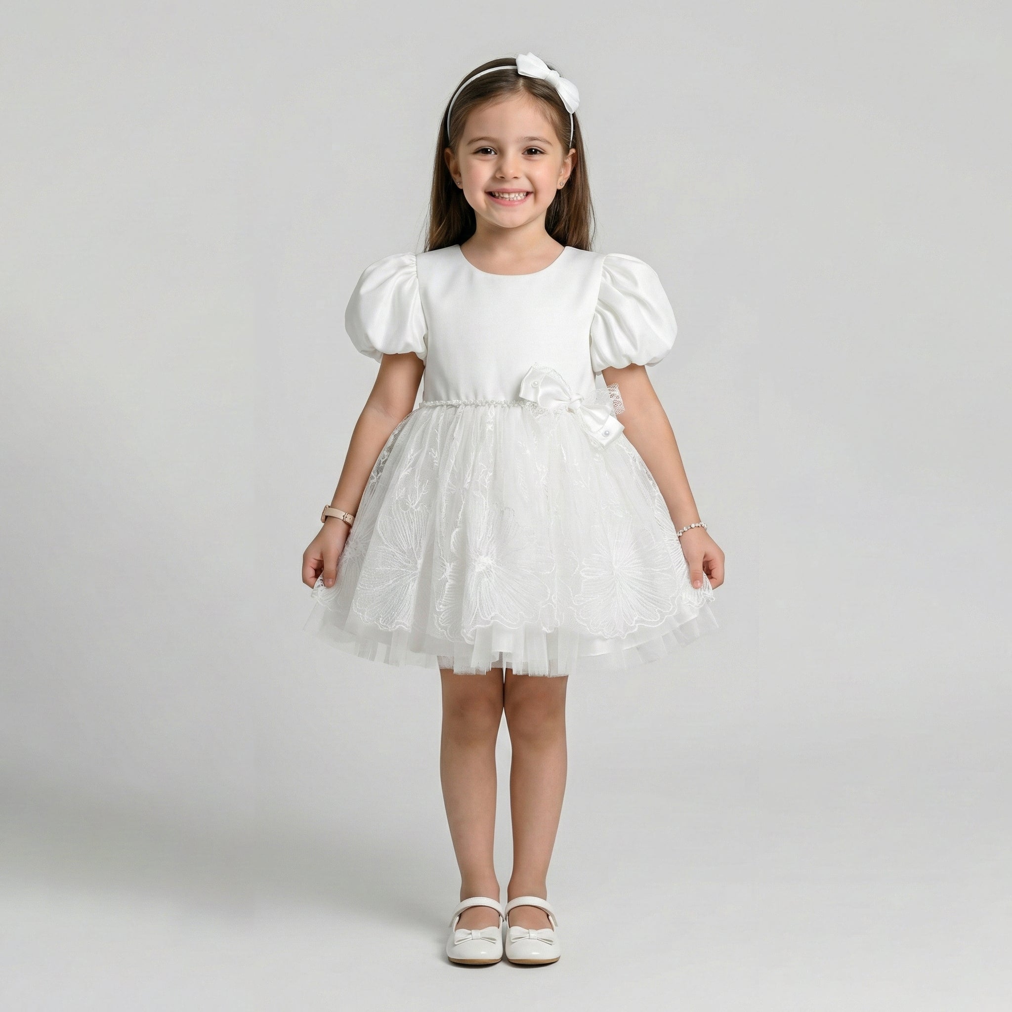 Girls' Satin & Tulle Party Dress with Embroidered Skirt and Puff Sleeves