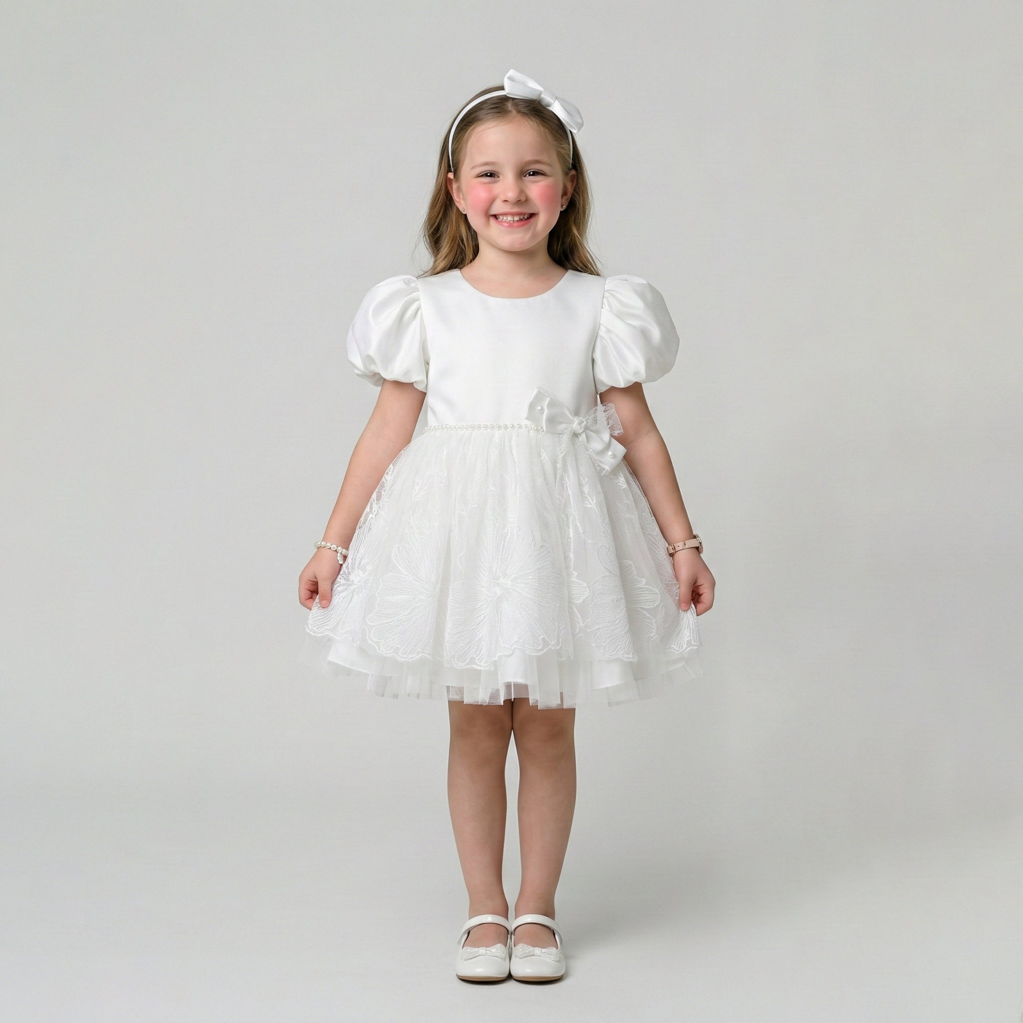 Girls' Satin & Tulle Party Dress with Embroidered Skirt and Puff Sleeves