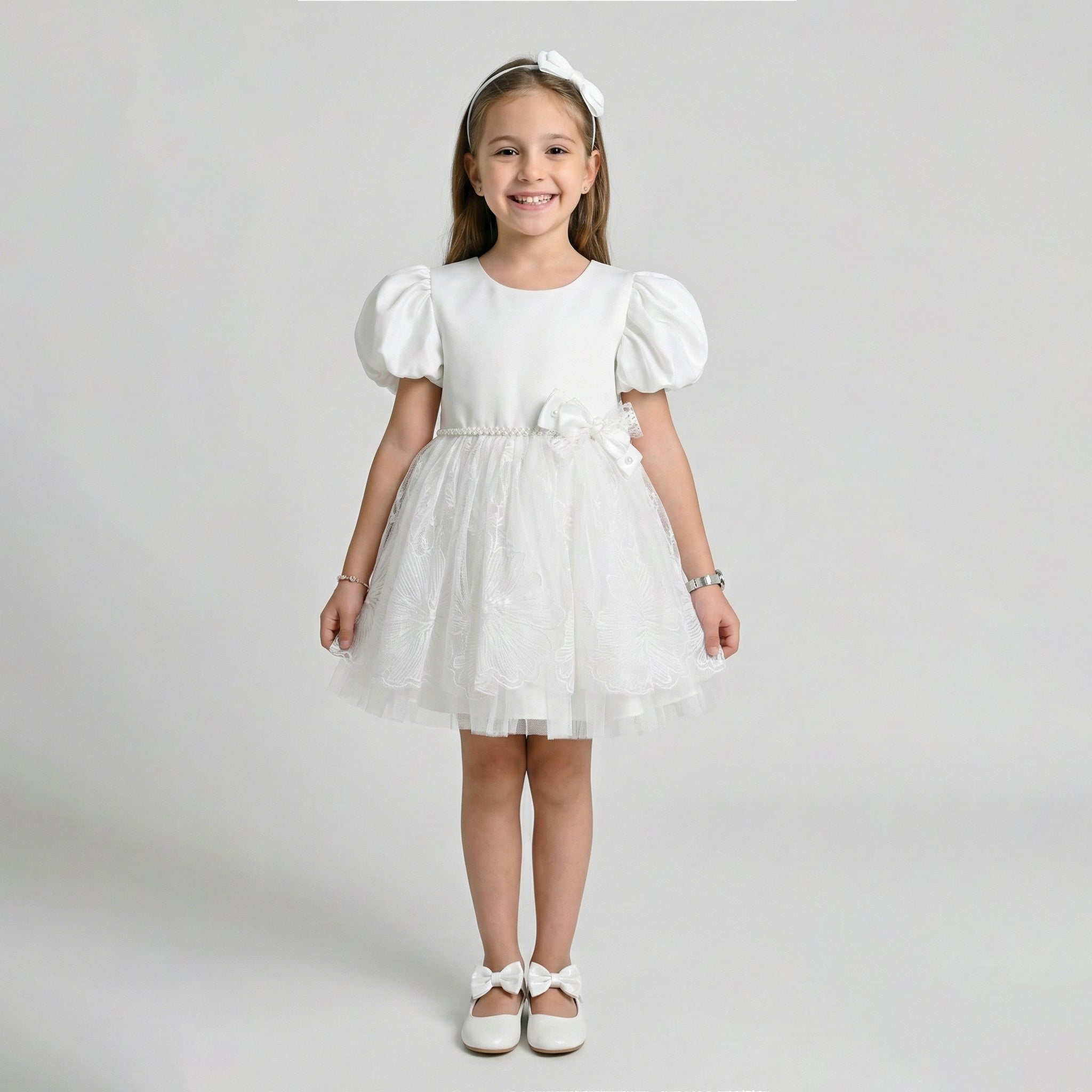 Girls' Satin & Tulle Party Dress with Embroidered Skirt and Puff Sleeves