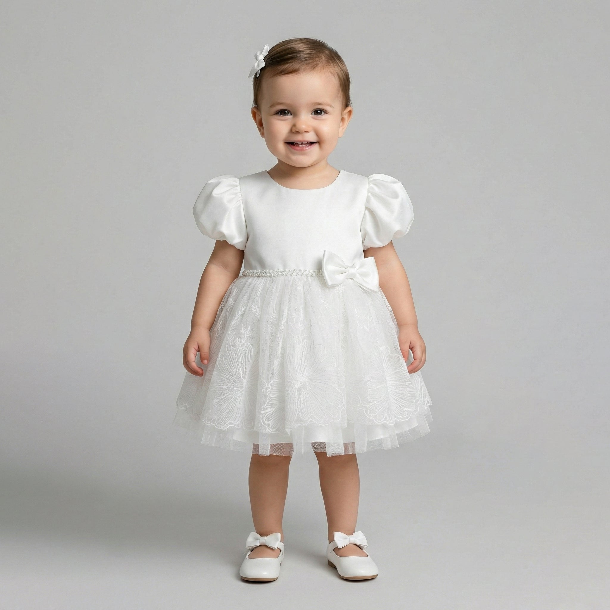Girls' Satin & Tulle Party Dress with Embroidered Skirt and Puff Sleeves