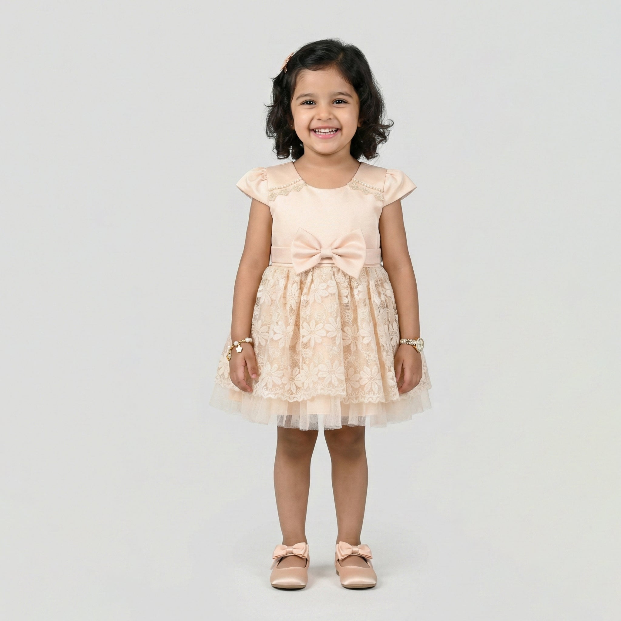 Girls' Cap-Sleeve Party Dress with Floral Lace Skirt and Bow Accent