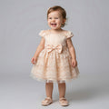 Girls' Cap-Sleeve Party Dress with Floral Lace Skirt and Bow Accent