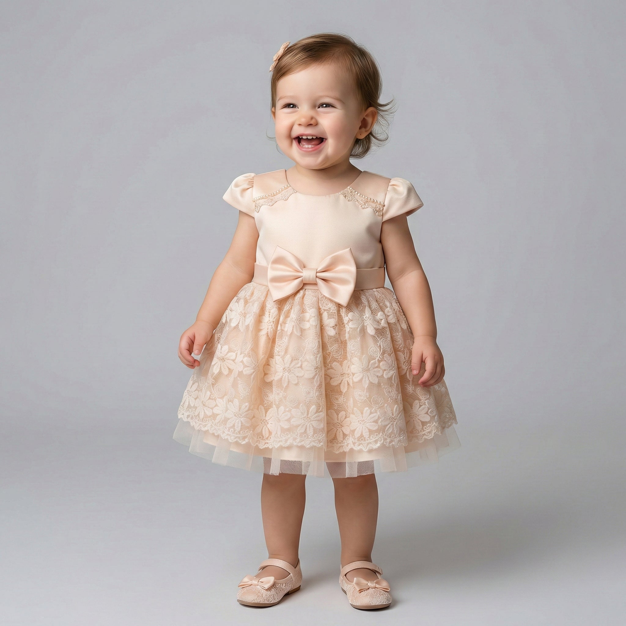 Girls' Cap-Sleeve Party Dress with Floral Lace Skirt and Bow Accent