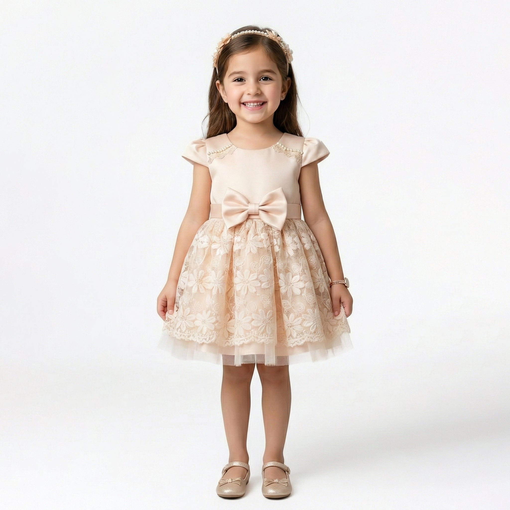 Girls' Cap-Sleeve Party Dress with Floral Lace Skirt and Bow Accent