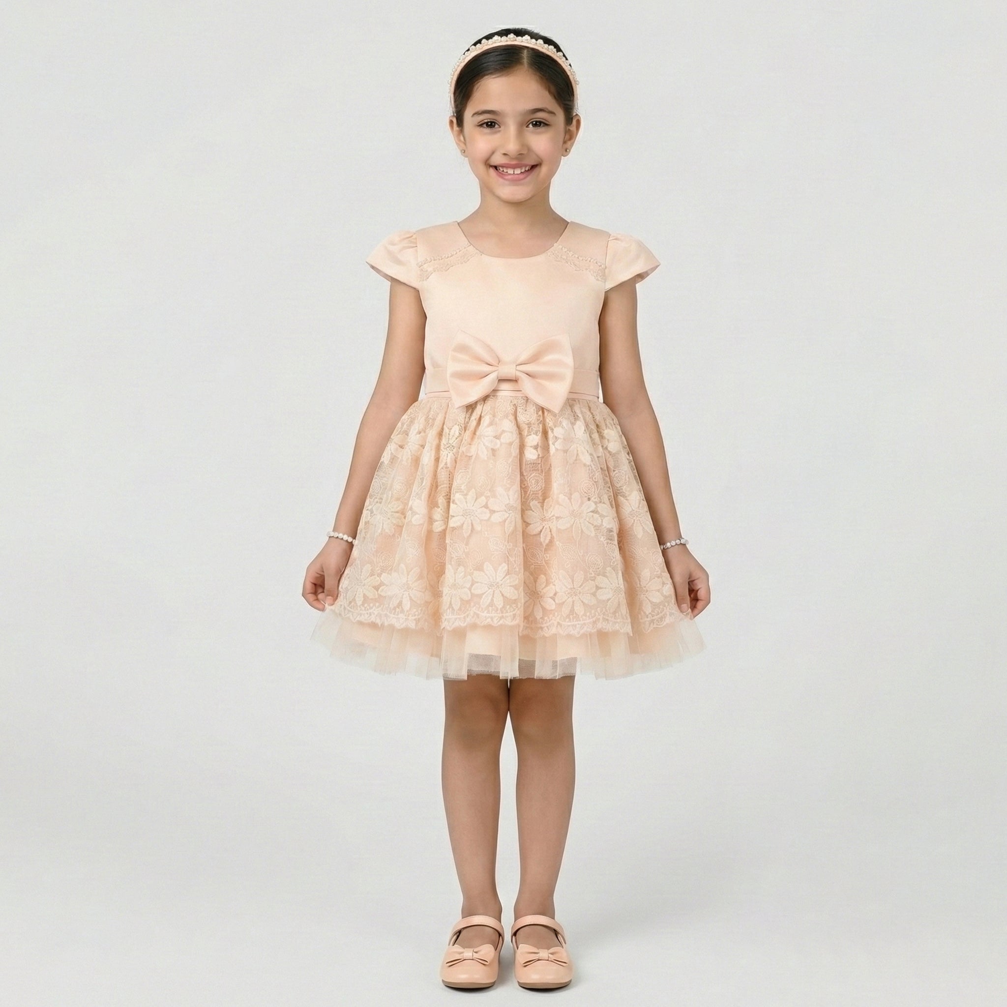 Girls' Cap-Sleeve Party Dress with Floral Lace Skirt and Bow Accent
