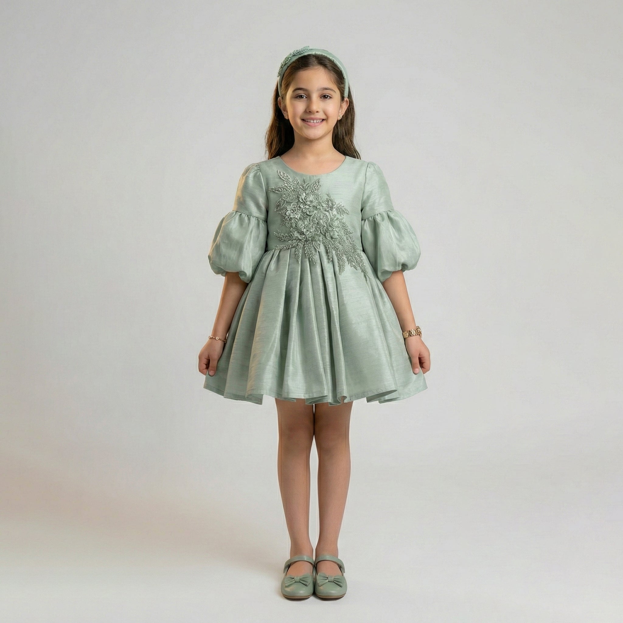 Girls' Balloon-Sleeve Shantung Dress with Intricate Floral Appliqué