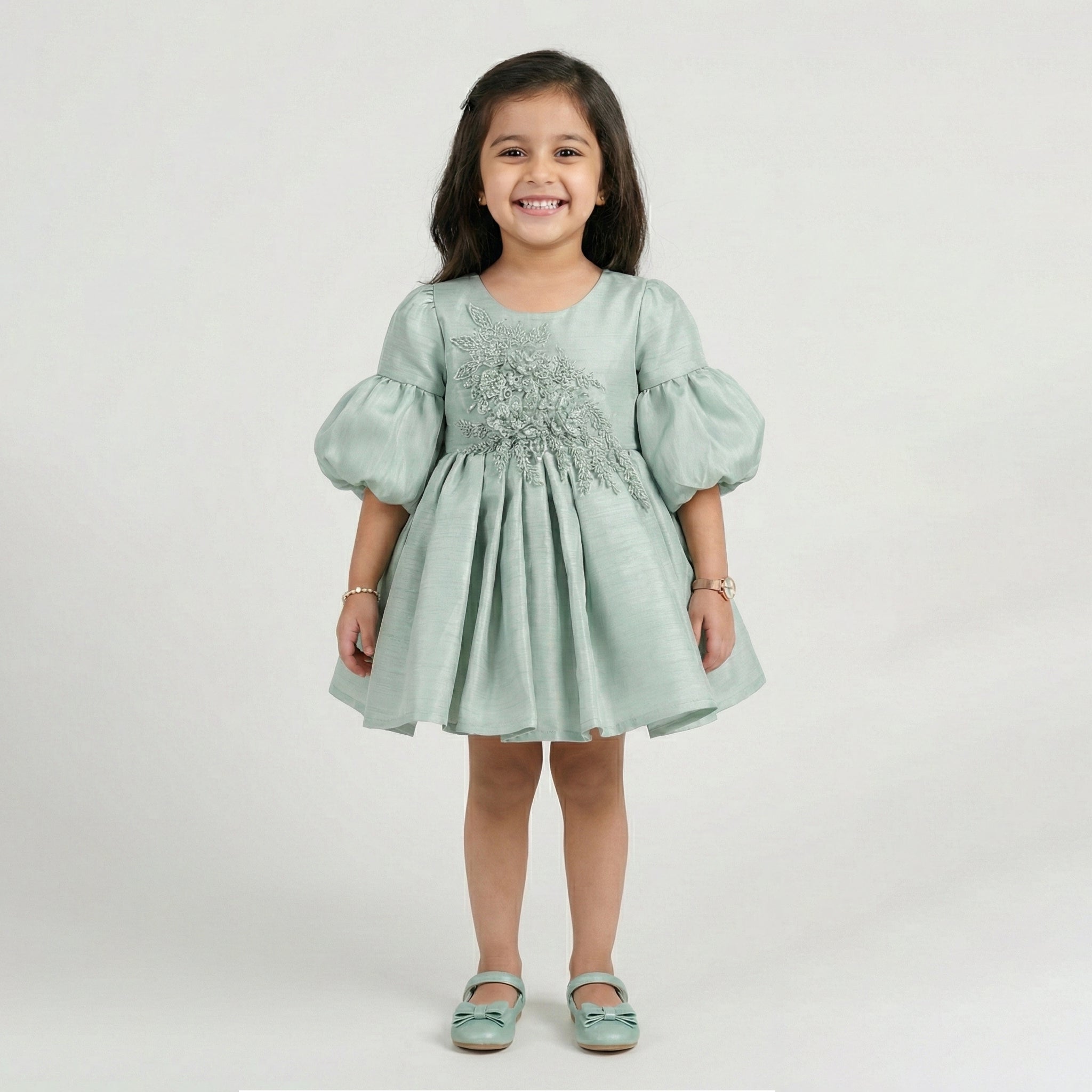 Girls' Balloon-Sleeve Shantung Dress with Intricate Floral Appliqué