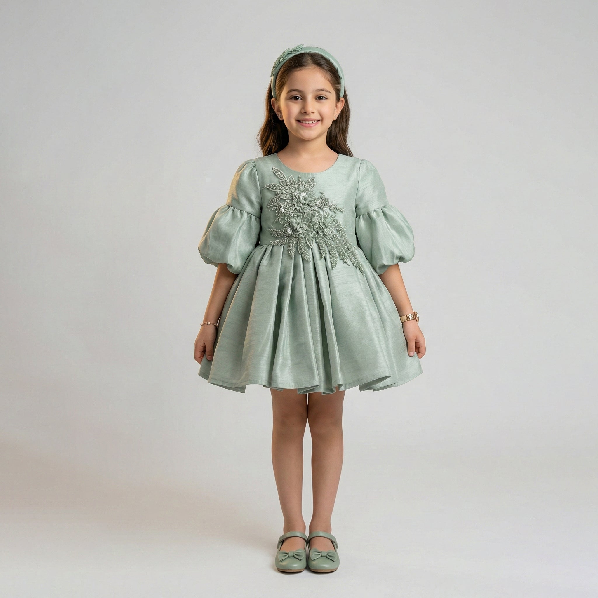 Girls' Balloon-Sleeve Shantung Dress with Intricate Floral Appliqué