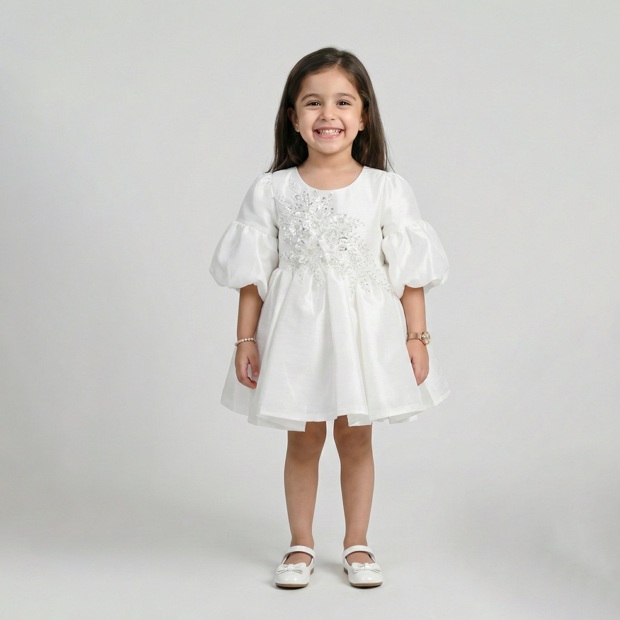 Girls' Balloon-Sleeve Shantung Dress with Intricate Floral Appliqué