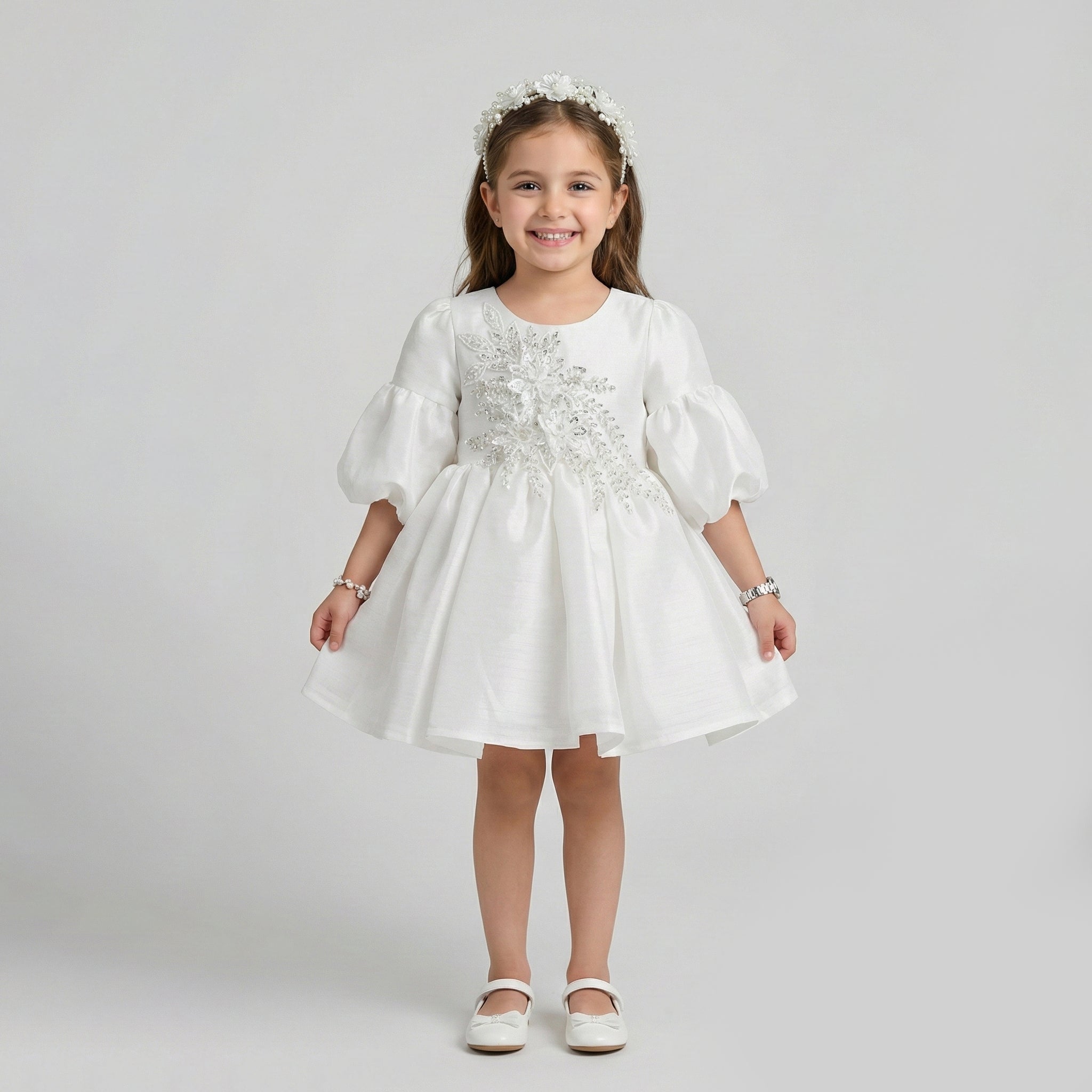 Girls' Balloon-Sleeve Shantung Dress with Intricate Floral Appliqué