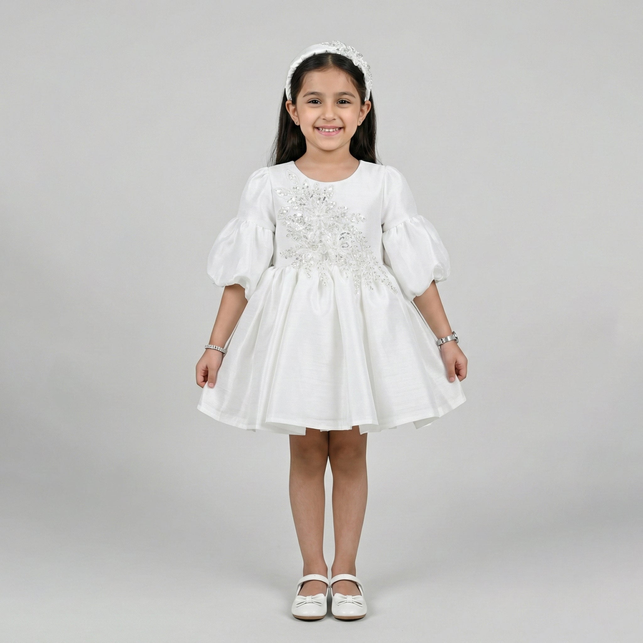 Girls' Balloon-Sleeve Shantung Dress with Intricate Floral Appliqué