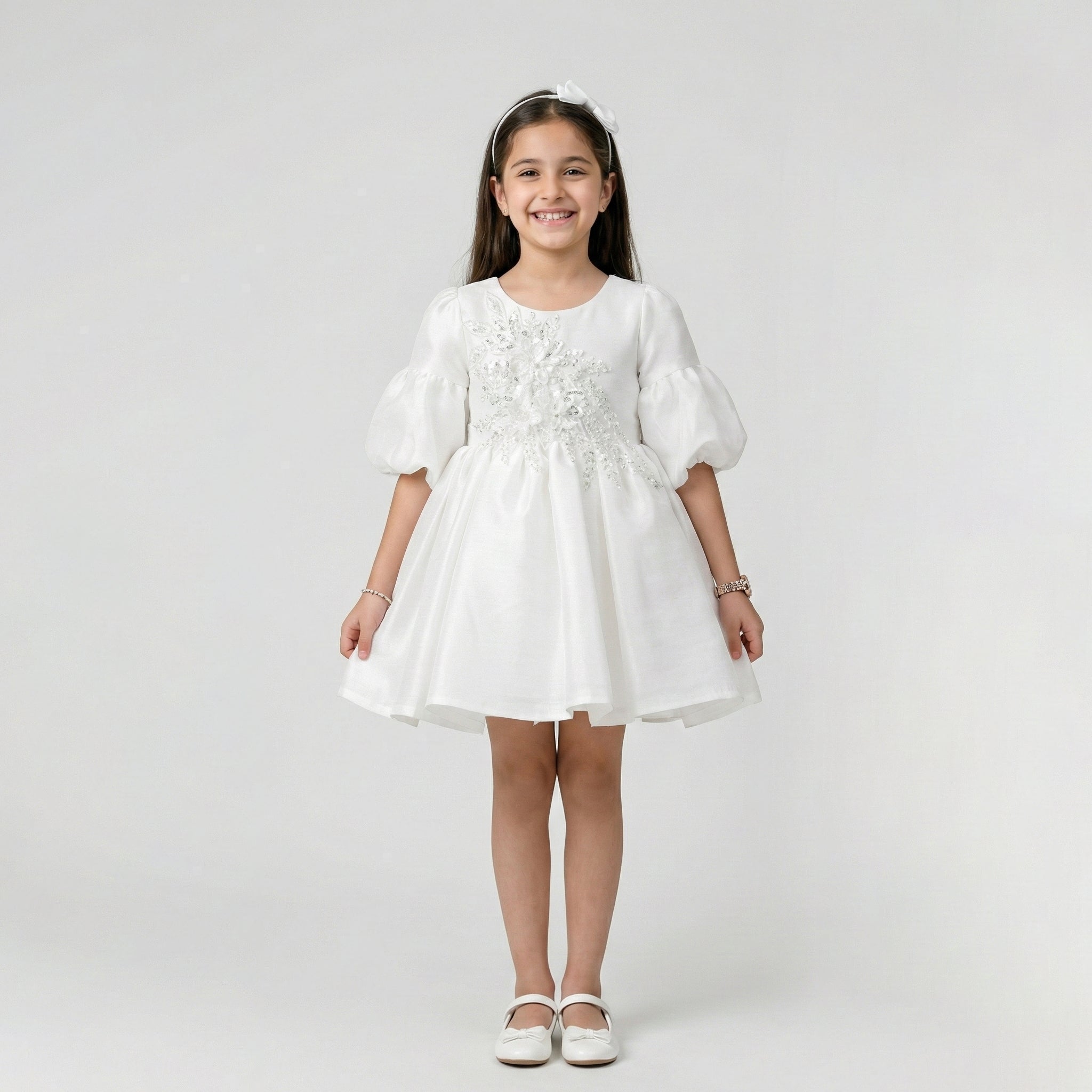 Girls' Balloon-Sleeve Shantung Dress with Intricate Floral Appliqué
