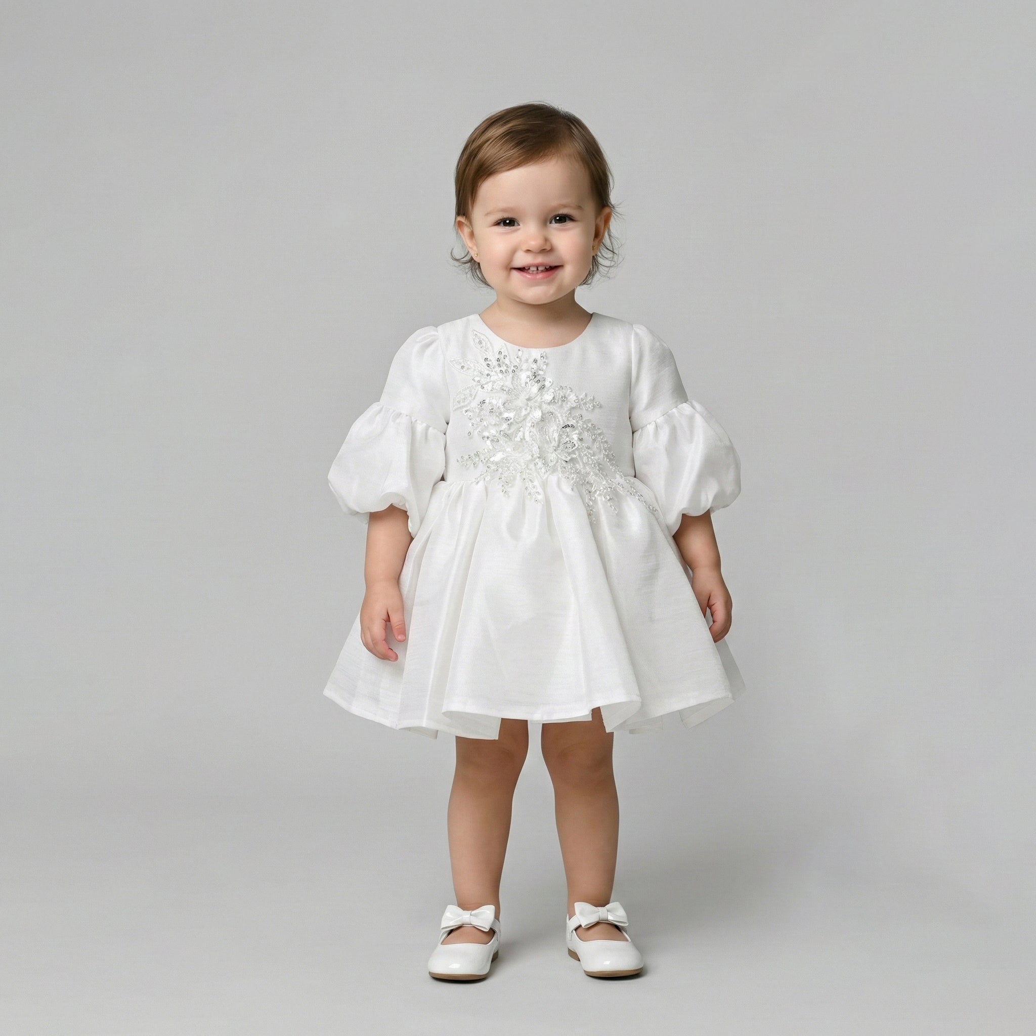 Girls' Balloon-Sleeve Shantung Dress with Intricate Floral Appliqué