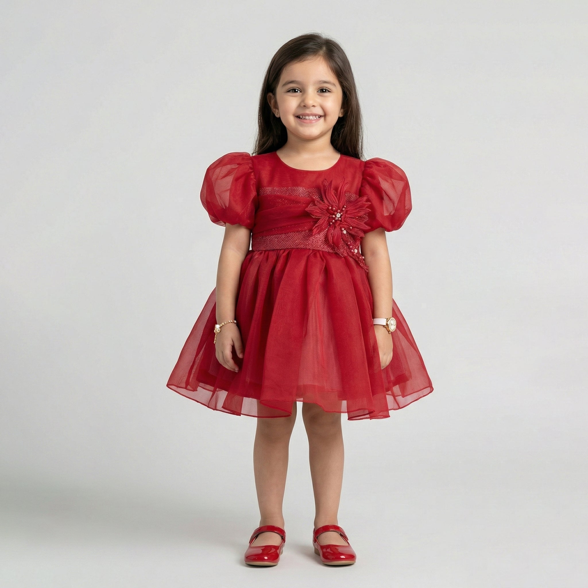 Girls' Crimson Tulle Party Dress – Puffy Organza Sleeves with Floral Corsage