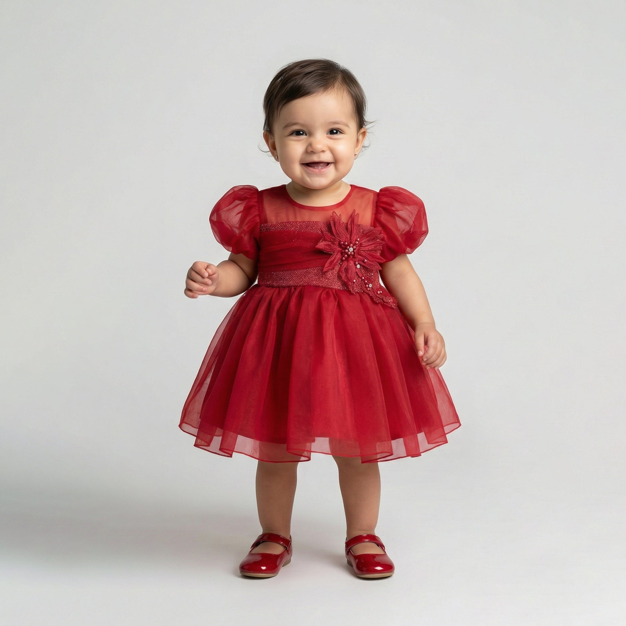 Girls' Crimson Tulle Party Dress – Puffy Organza Sleeves with Floral Corsage