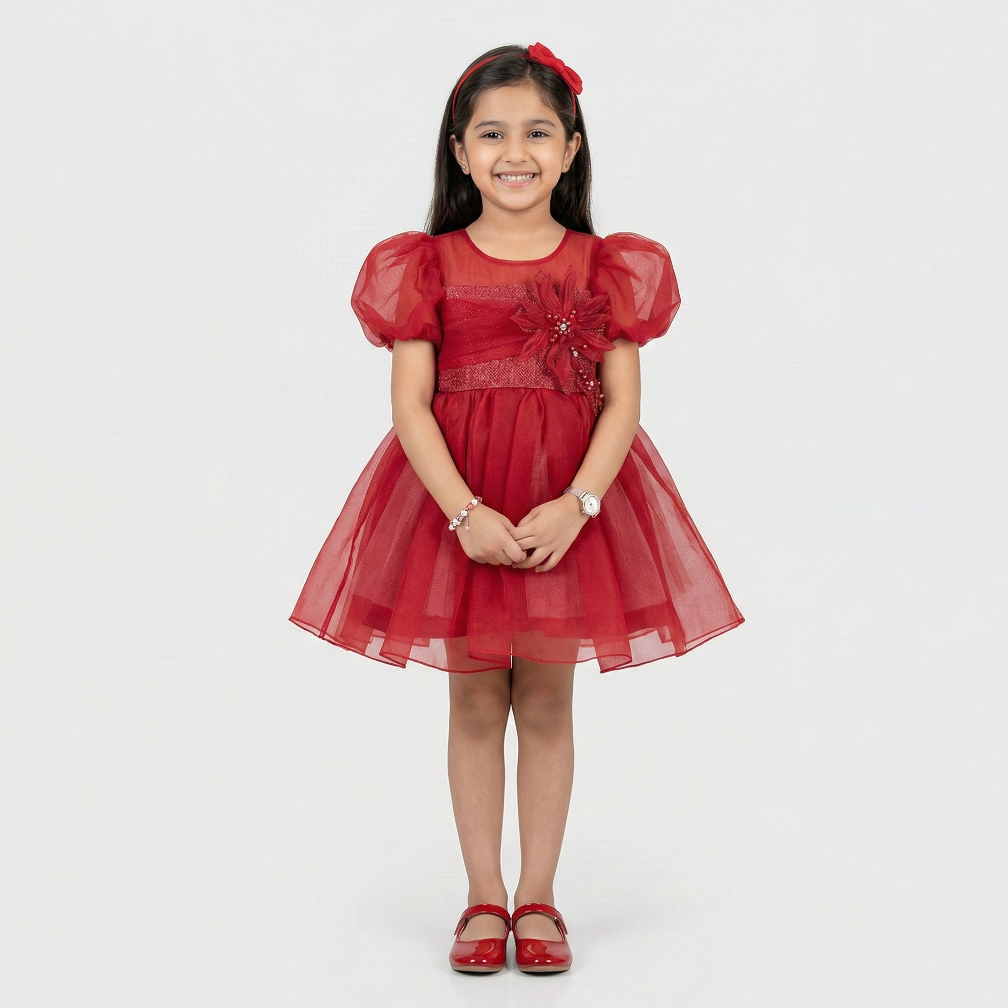 Girls' Crimson Tulle Party Dress – Puffy Organza Sleeves with Floral Corsage