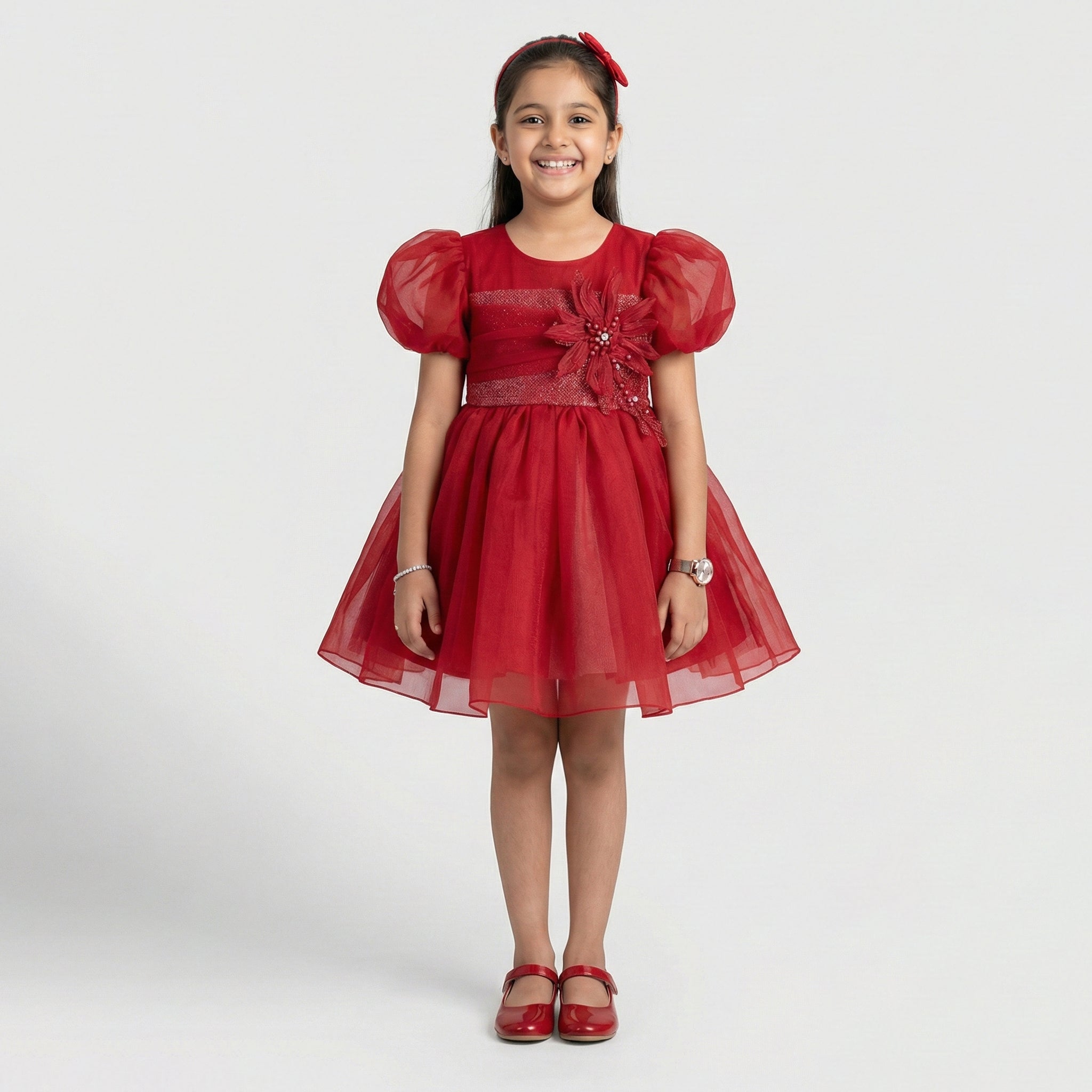 Girls' Crimson Tulle Party Dress – Puffy Organza Sleeves with Floral Corsage