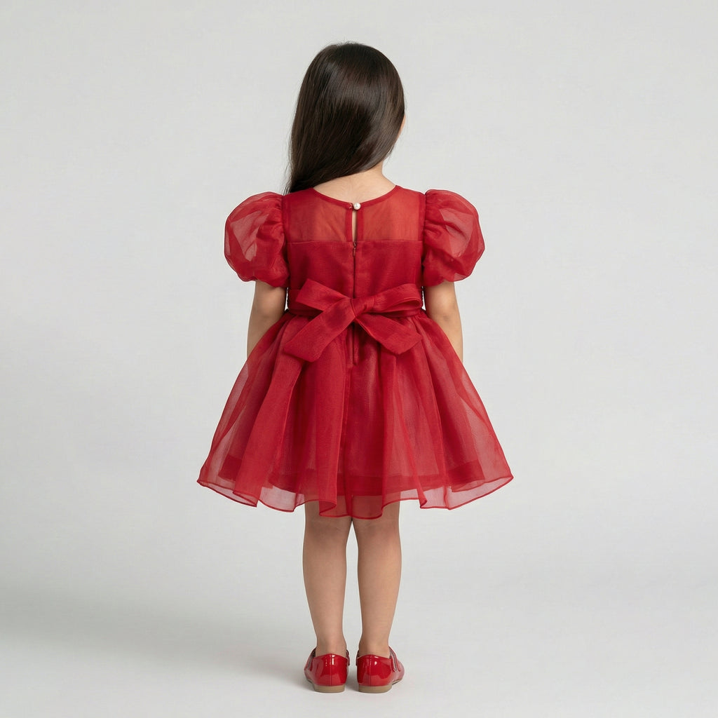 Girls’ Floral Detail Puff-Sleeve Party Dress