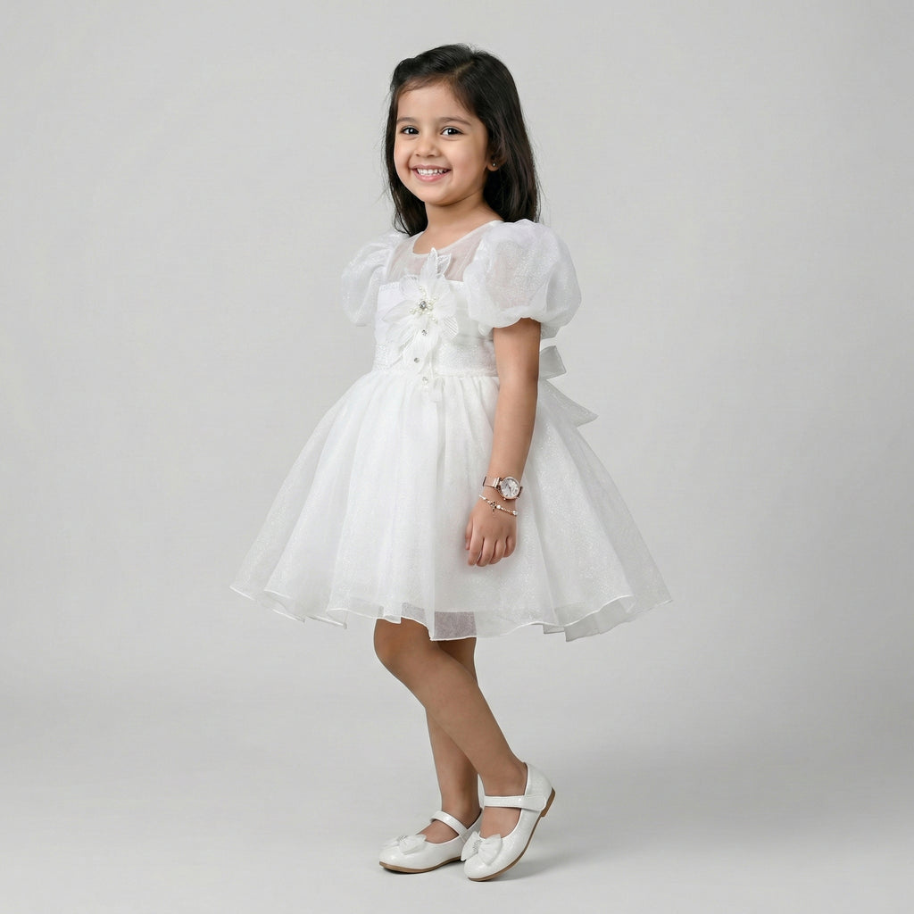 Girls’ Floral Detail Puff-Sleeve Party Dress