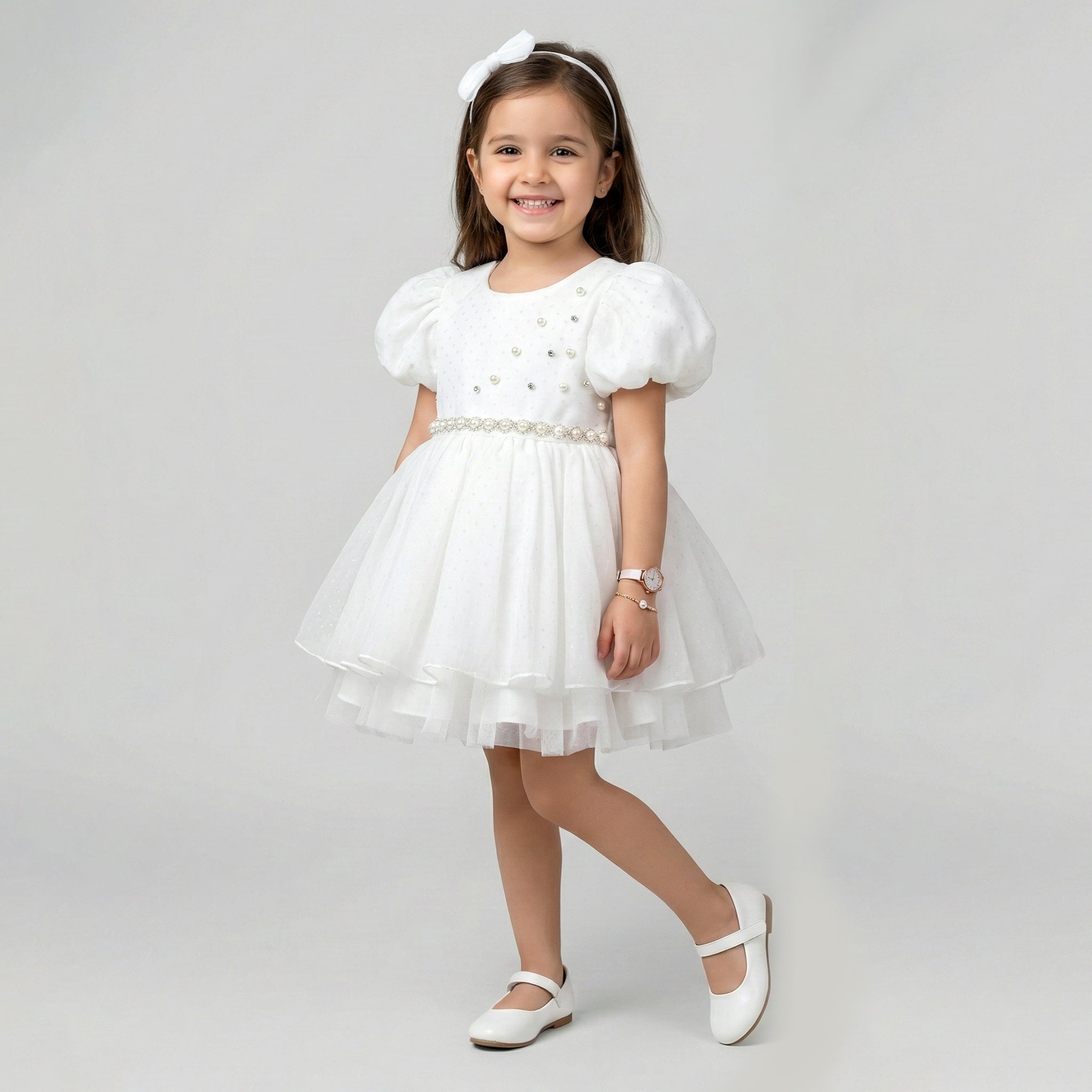 Girls' Pearl-Embellished Dotted Tulle Gown – Tiered Princess Skirt with Puff Sleeves