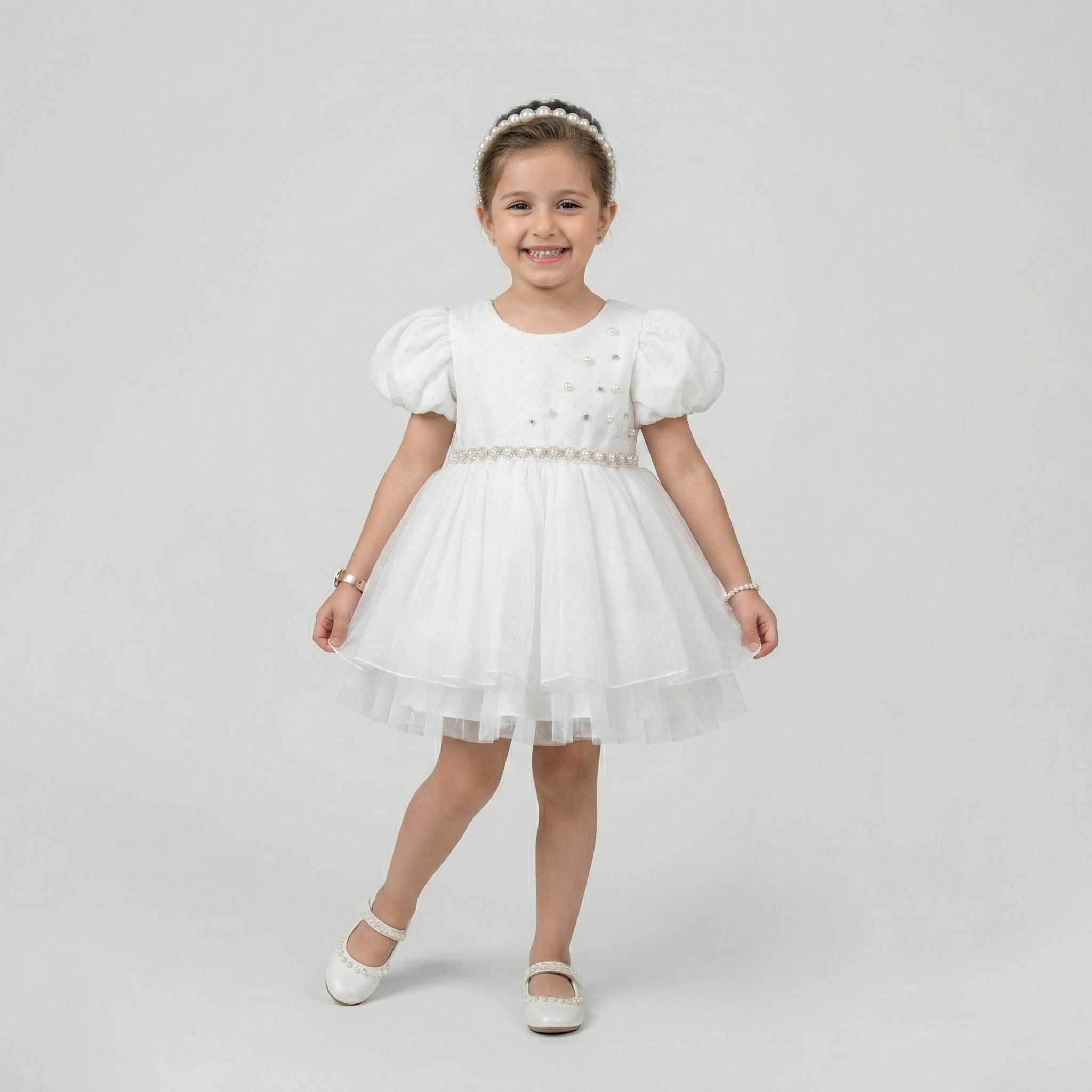 Girls' Pearl-Embellished Dotted Tulle Gown – Tiered Princess Skirt with Puff Sleeves