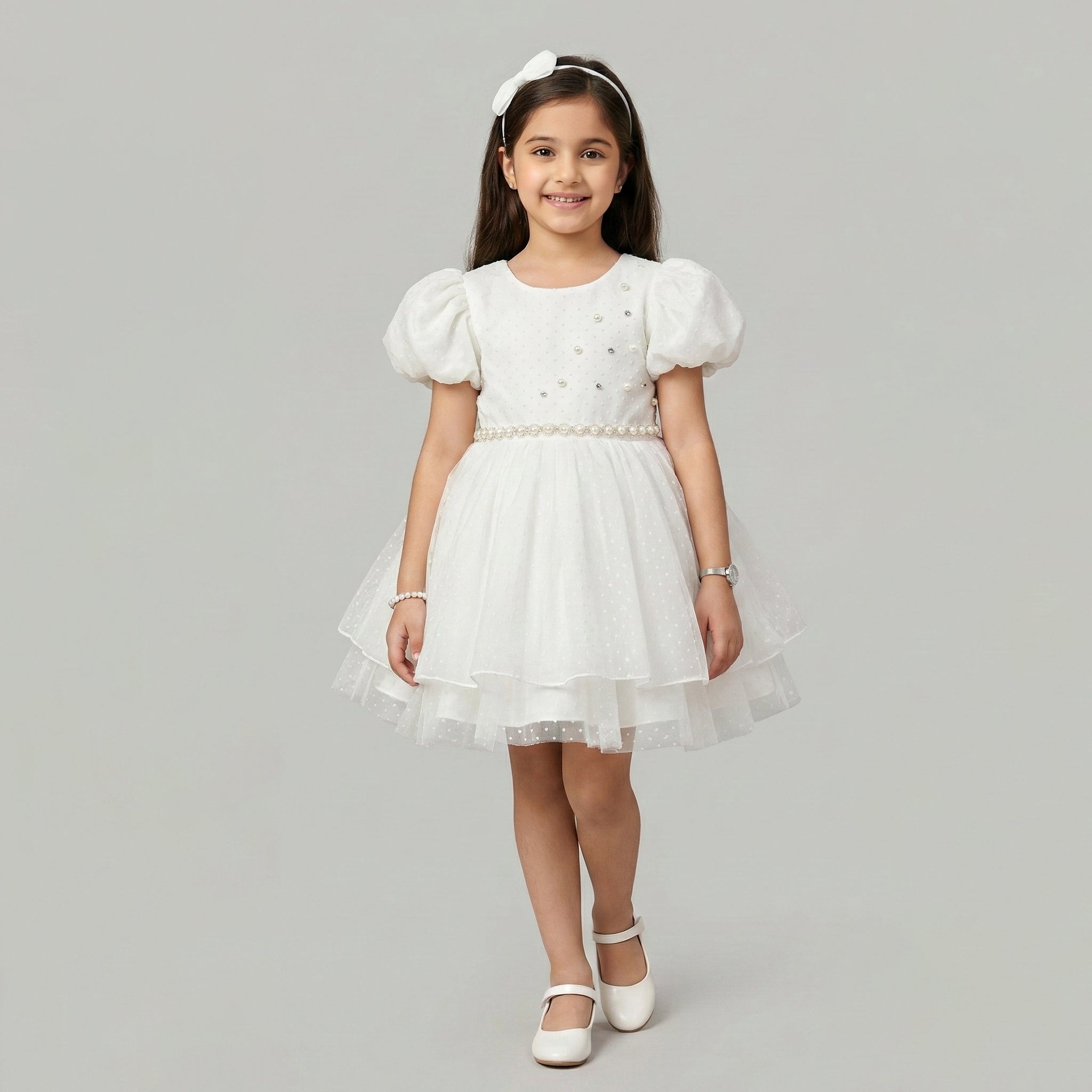 Girls' Pearl-Embellished Dotted Tulle Gown – Tiered Princess Skirt with Puff Sleeves