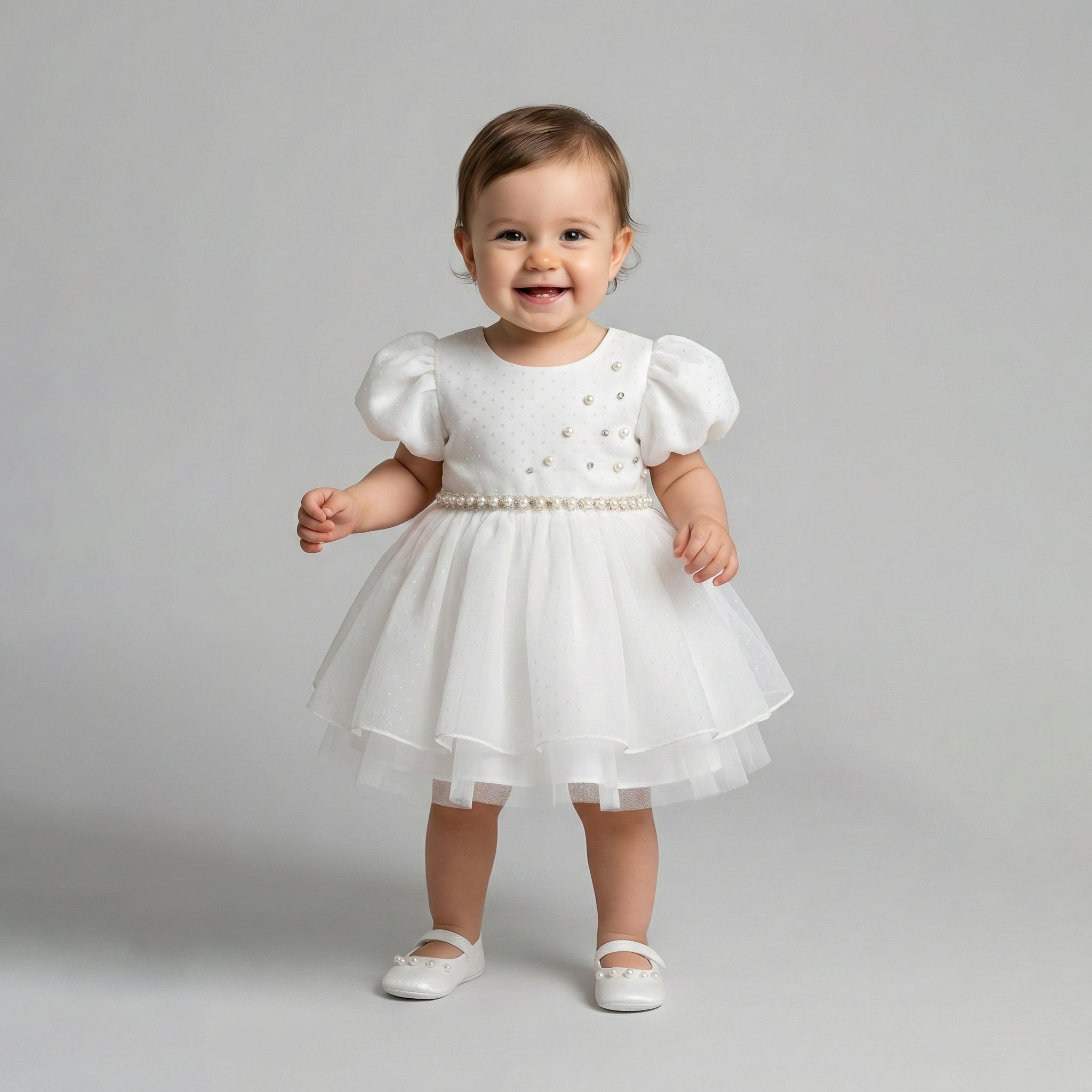 Girls' Pearl-Embellished Dotted Tulle Gown – Tiered Princess Skirt with Puff Sleeves