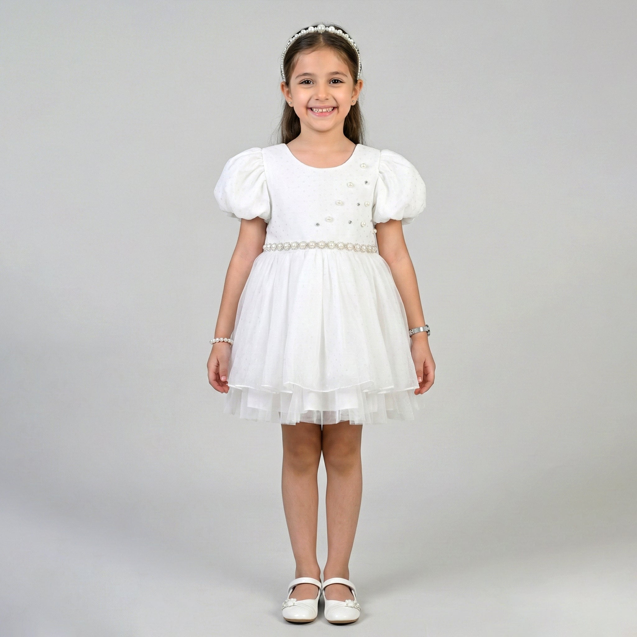 Girls' Pearl-Embellished Dotted Tulle Gown – Tiered Princess Skirt with Puff Sleeves
