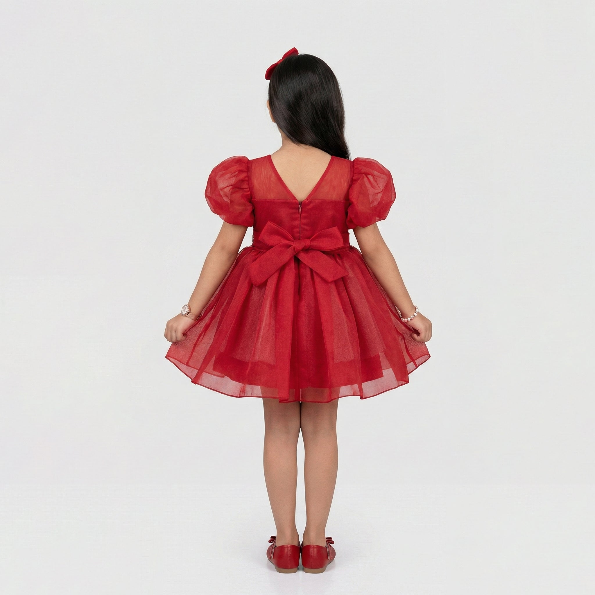 Girls' Elegant Crimson Floral Tulle Party Dress
