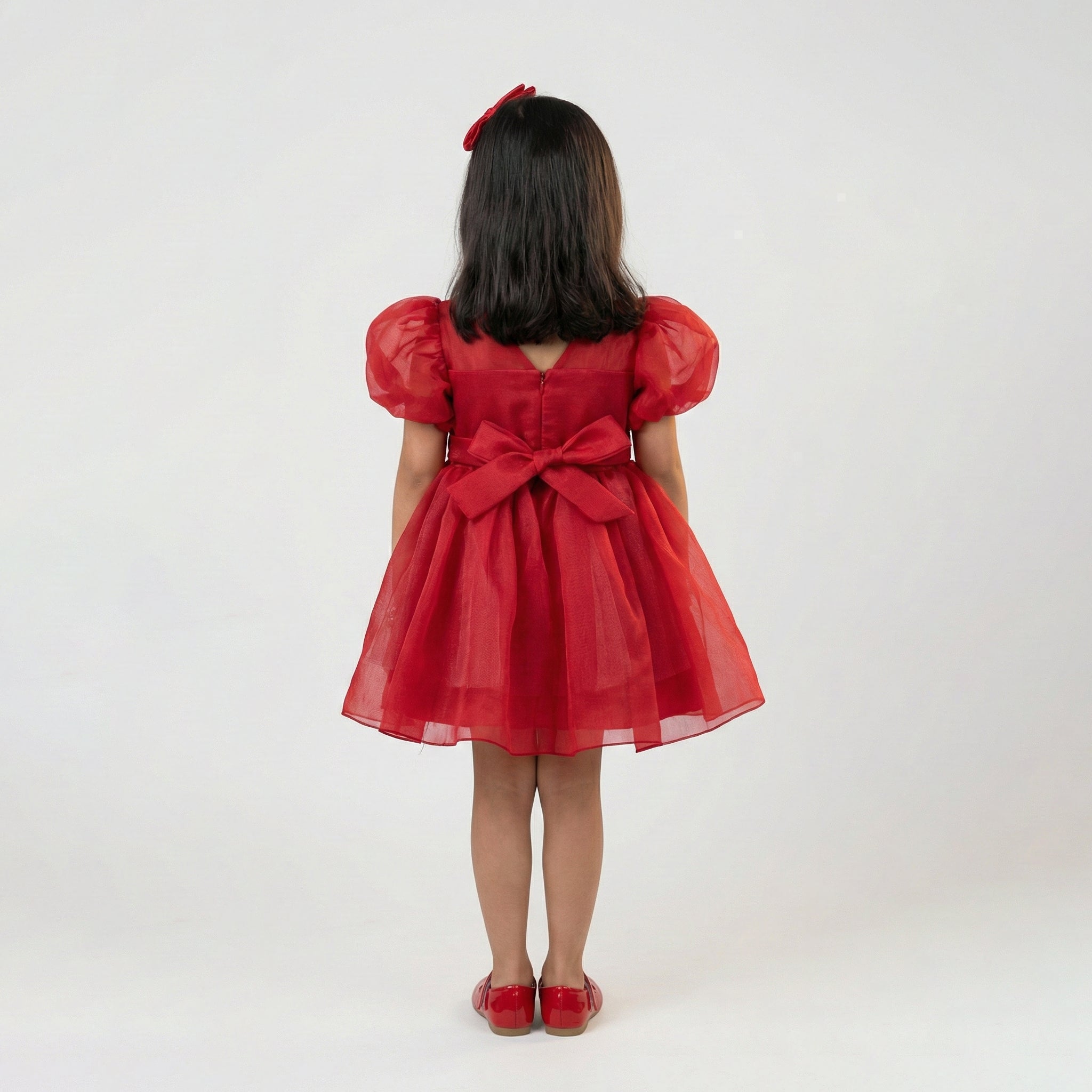 Girls' Elegant Crimson Floral Tulle Party Dress