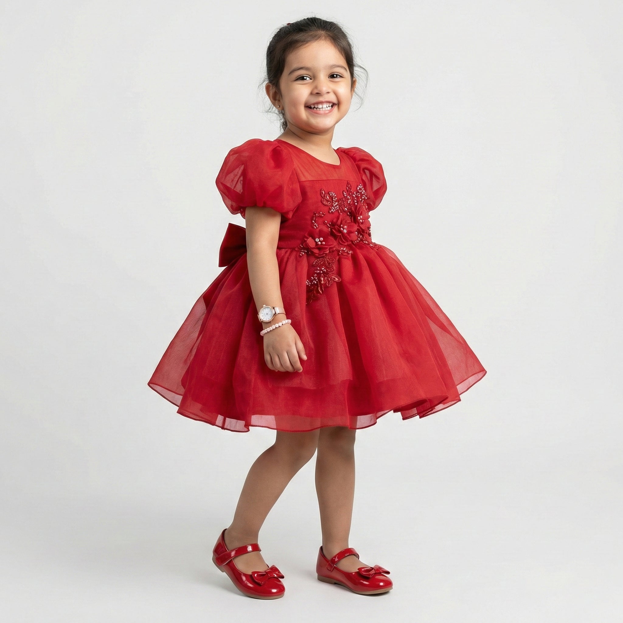 Girls' Elegant Crimson Floral Tulle Party Dress