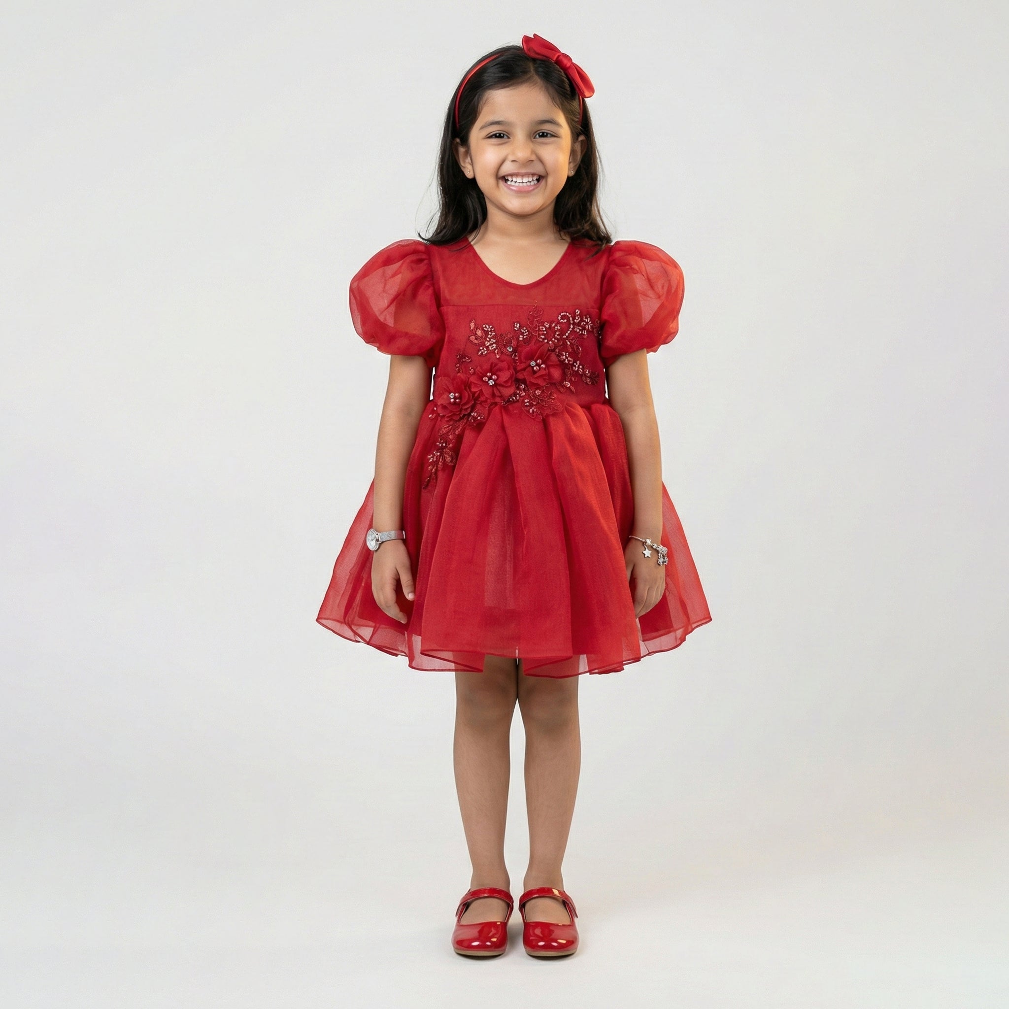 Girls' Elegant Crimson Floral Tulle Party Dress