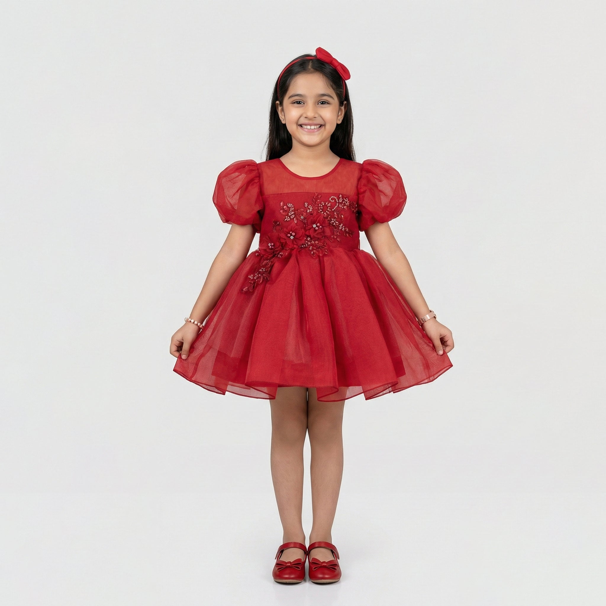Girls' Elegant Crimson Floral Tulle Party Dress