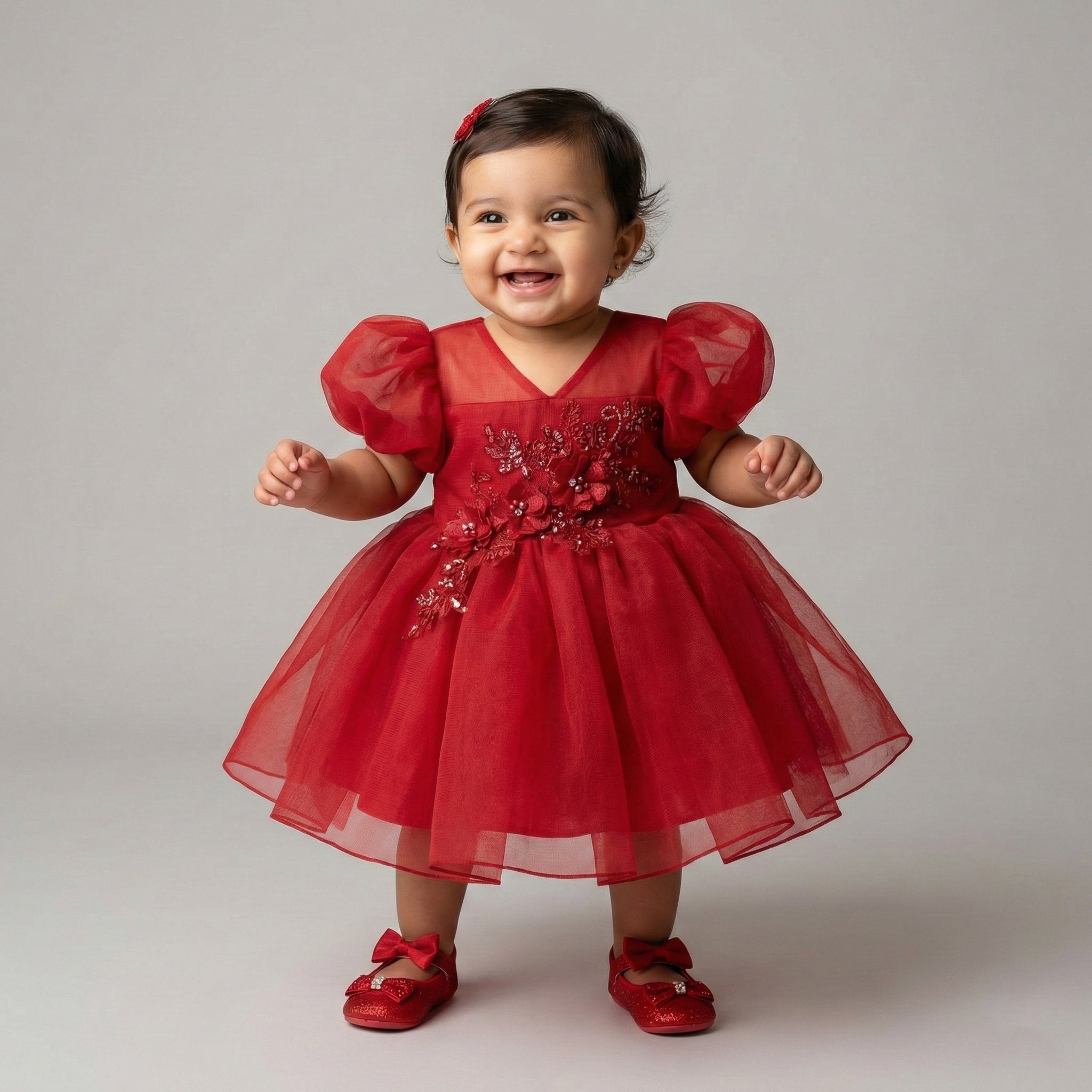 Girls' Elegant Crimson Floral Tulle Party Dress