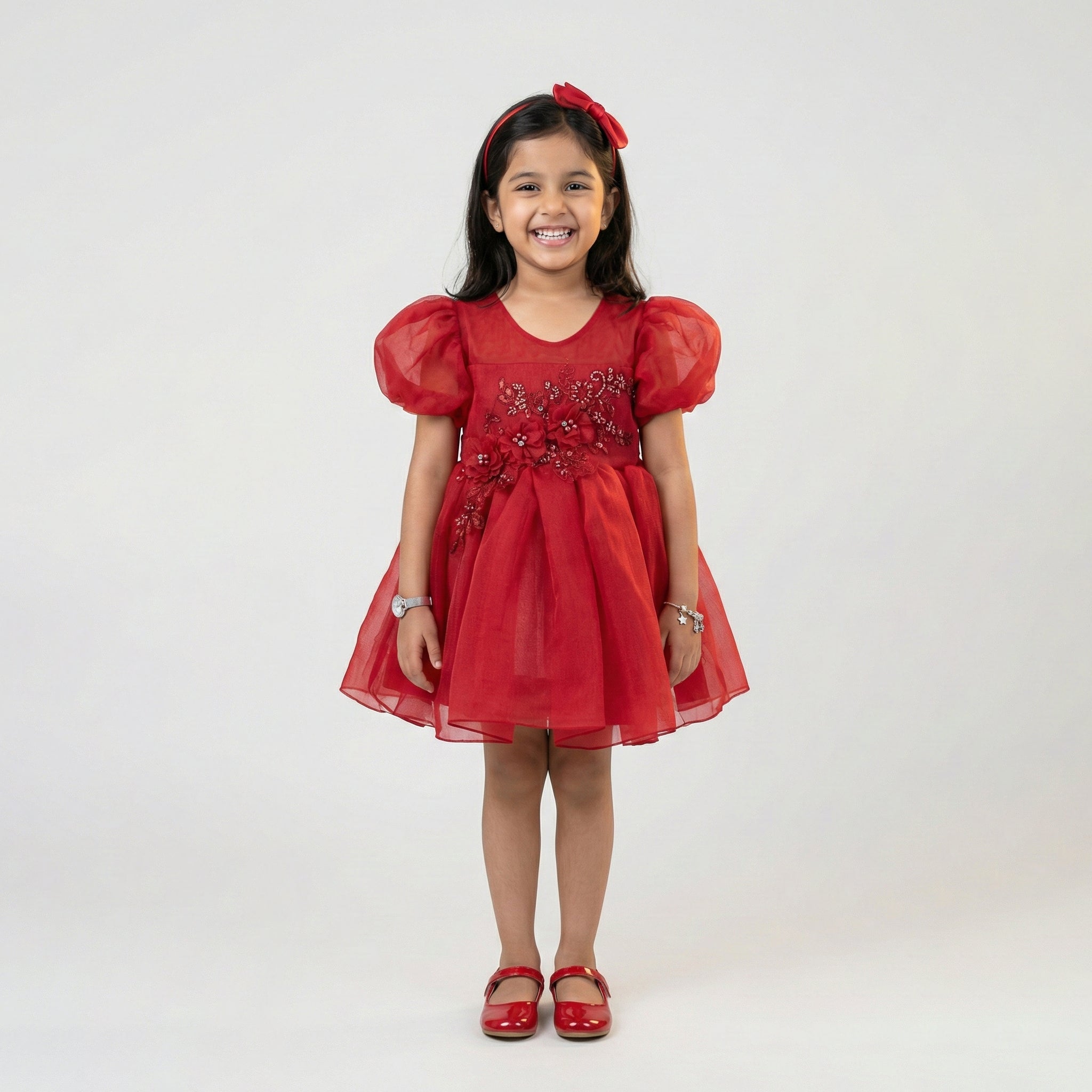 Girls' Elegant Crimson Floral Tulle Party Dress