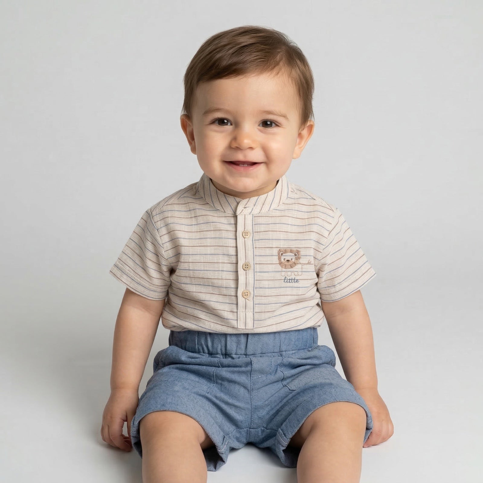 Infant Striped Mandarin Collar Shirt & Chambray Shorts Set